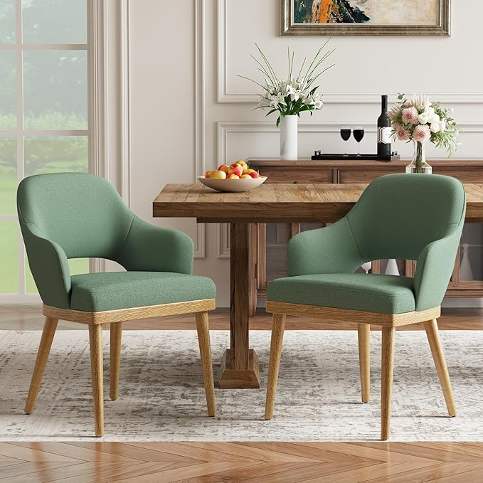 Wooden Dining Chairs Set of 2, Modern Fabric Upholstered Dining Room Chair, Kitchen Side Chairs, Farmhouse Dinner Chair with Open Back for Kitchen, Green