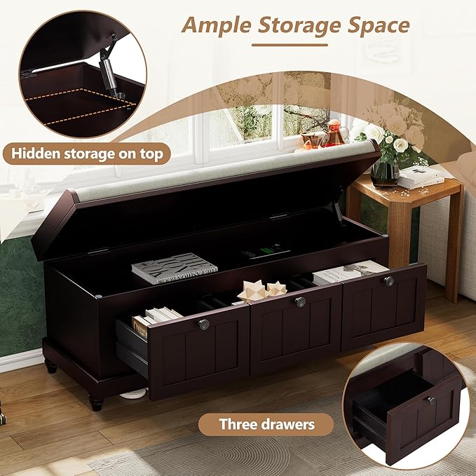 Merax Classic Storage Bench with Cushioned Seat and Three Drawers for Entryway & Living Room & Bedroom, Espresso