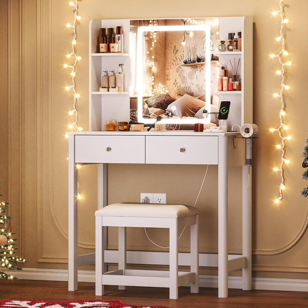 Vanity Desk with LED Mirror, 3 Lighting Modes and Chair | Small Makeup Vanity...