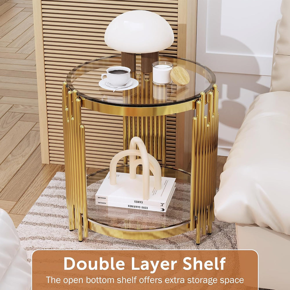 Luxury Gold Round Glass End Table Set of 2, 19.7" Modern Side Table with...