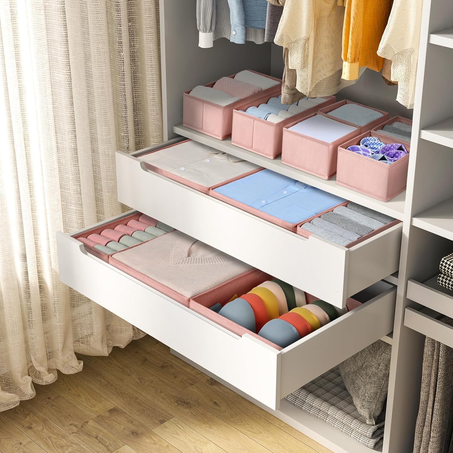 DIMJ Drawer Organizer for Clothing, 15 Pack Fabric Drawer Organizer Bins, Foldable Sock Organizer for Drawer, Dresser Organizer for Clothes, Socks, Bra, Tie (Pink)