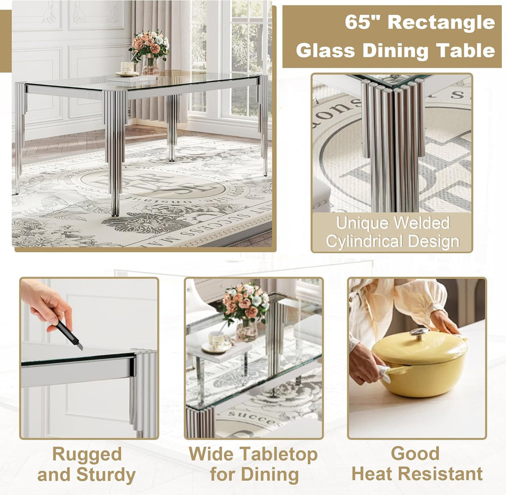 Modern Rectangle Glass Dining Table, 65" Clear Tempered Glass Desktop wi...