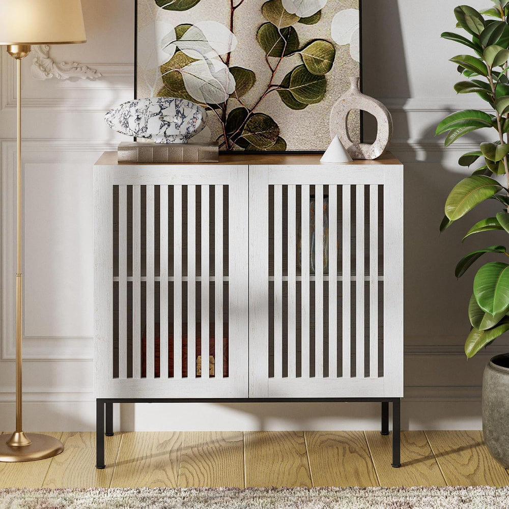 BVIUNTWO 31.5" Farmhouse Buffet Cabinet with Metal Base, Adjustable Shel...