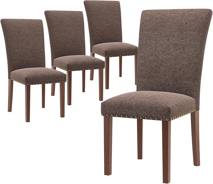 Stylish Dining Chairs Set of 4, Upholstered Parsons Dining Room Chair with Nailhead Trim, Kitchen Room Chair with Thick Cushions and Wood Legs, Nailhead Trim, Brown