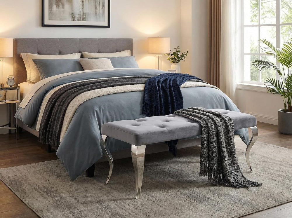 AUZ Grey Velvet Upholstered Bench with Gorgeous Silver Mirrored Curved Legs |...