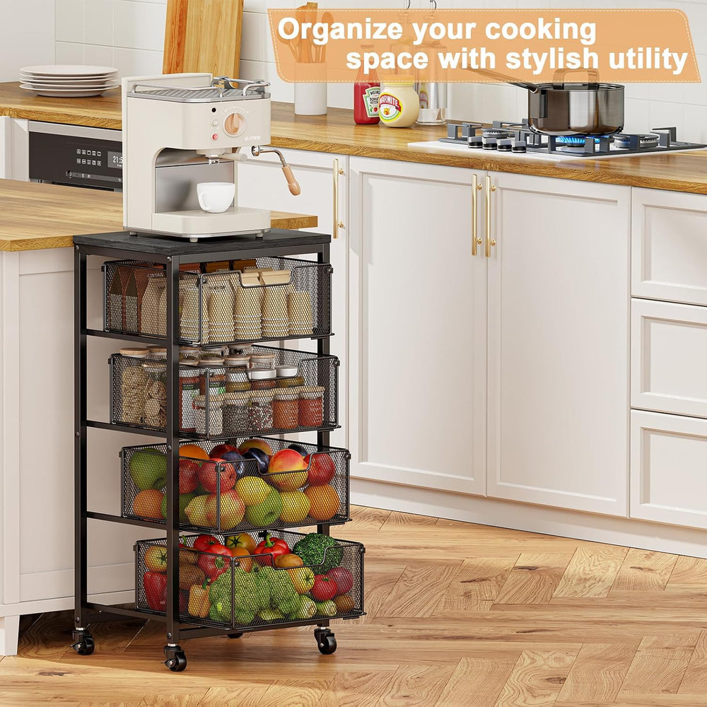 4-Tier Fruit Vegetable Storage Cart - Kitchen Organizer and Storage Cart with...