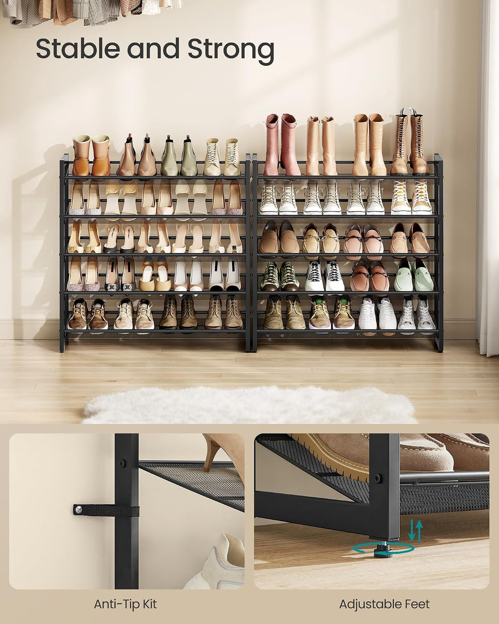 SONGMICS Shoe Rack, 10-Tier Shoe Organizer, Metal Rack for Garage, Set of 2, 5-Tier Stackable Shelf, with Adjustable Flat or Angled Shelves, 40-50 Pairs, Ink Black ULMR010B01