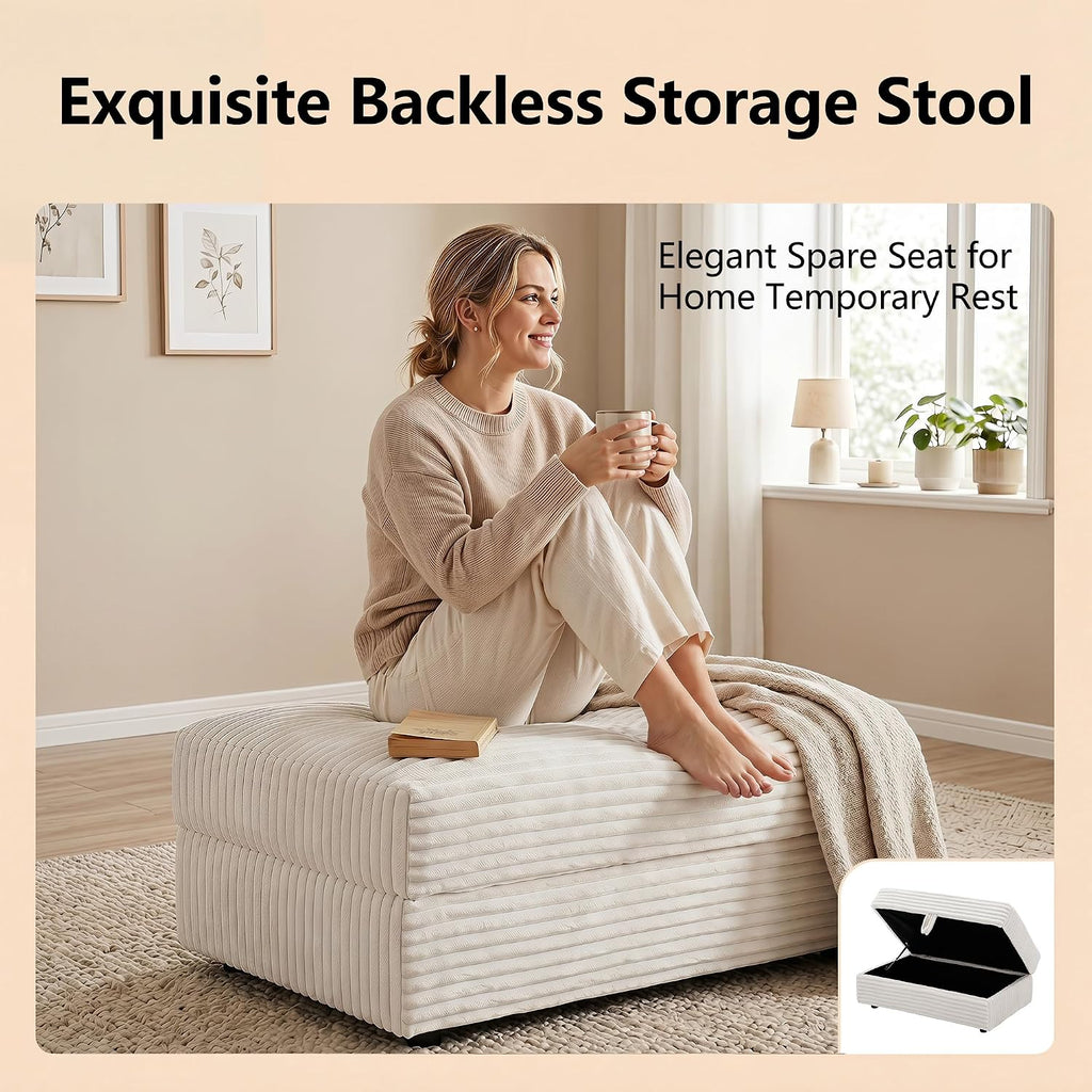 Modern Corduroy Sofa Storage Ottoman, Upholstered Memory Foam Footrest (Beige Footrest)