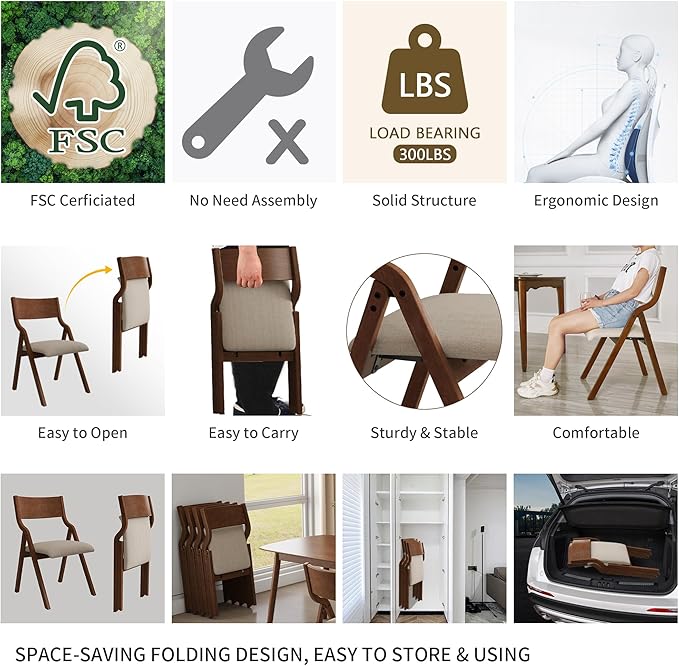 Ball & Cast Modern Folding Chairs Upholstered Kitchen Dining Chair Seating Set of 2, Walnut