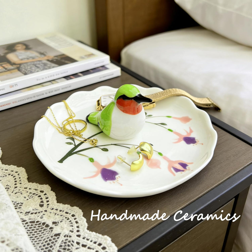Hummingbird Ceramic Jewelry Tray– Fuchsia Holiday Trinket Plate for Rings, Earrings & Gifts Handmade Ceramic Jewelry Dish.Valentine's Day Mother's Day Any scenario