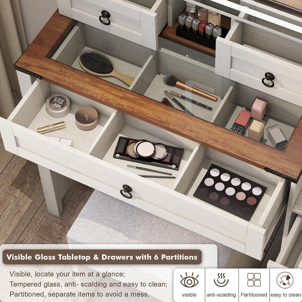 Farmhouse Makeup Vanity Desk with Sliding Mirror and Lights, 42 Wood Vanity T...