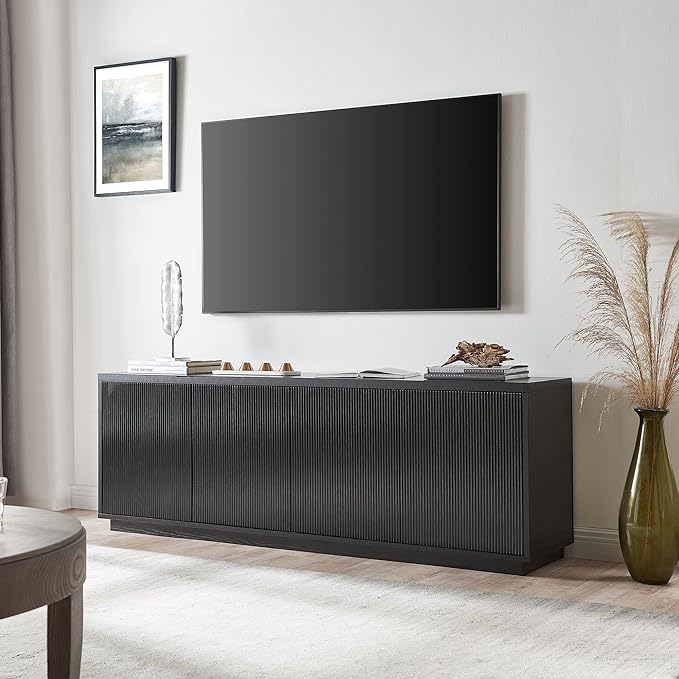 Henn&Hart Fluted TV Stand for TVs up to 75" with 2 Concealed Ribbed Storage Cabinets and Adjustable Shelves for Living Room, Family Room, or Office, Natural Black