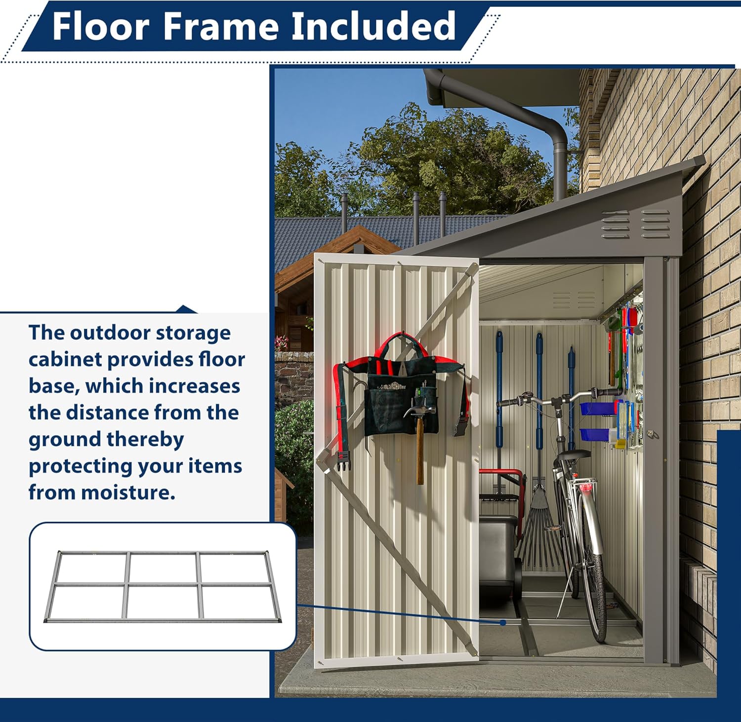 Outdoor Metal Storage Shed 4 x 8 ft, Garden Shed Lean to shed for Bike, Tool Outside Shed with Floor Base, Lock, Door for Backyard, Patio, Lawn, Grey