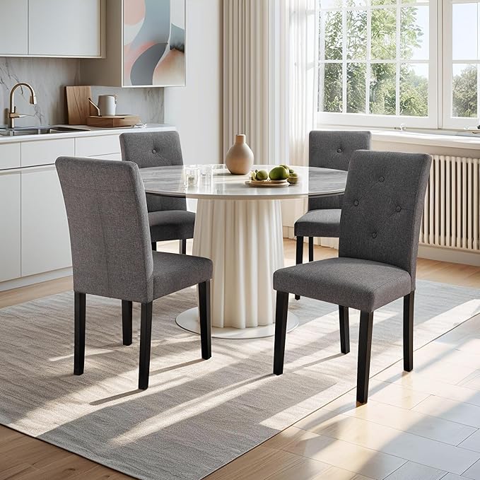 VECELO Upholstered Dining Chairs Set of 2, Modern Fabric and Solid Wood Legs &High Back for Kitchen/Living Room- Dark Gray