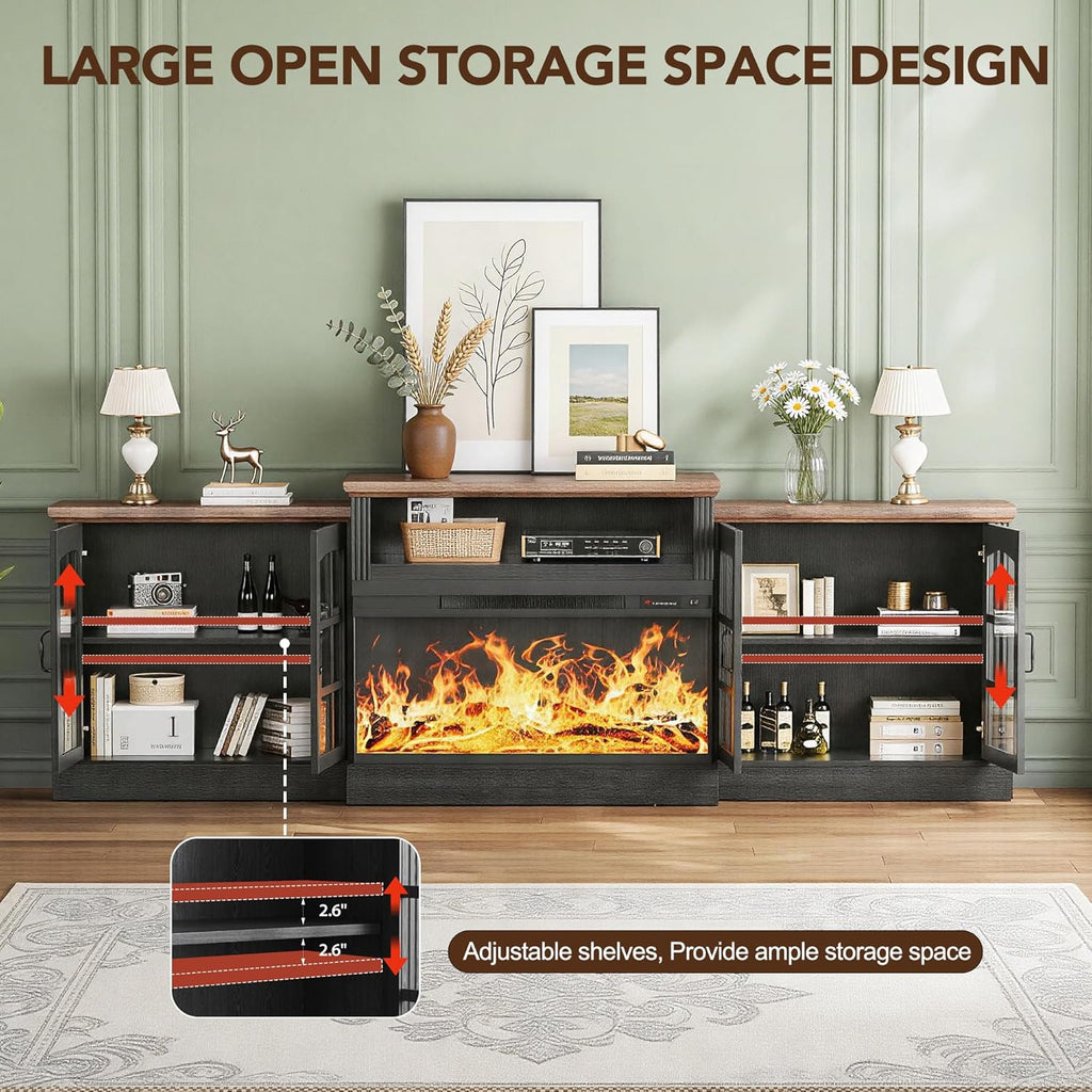 oneinmil 97" Entertainment Center with 36" Electric Fireplace, Farmhouse Fireplace TV Stand for TVs up to 100", Large Media Console Table with LED Lighting & Storage Cabinets, for Living Room, Black