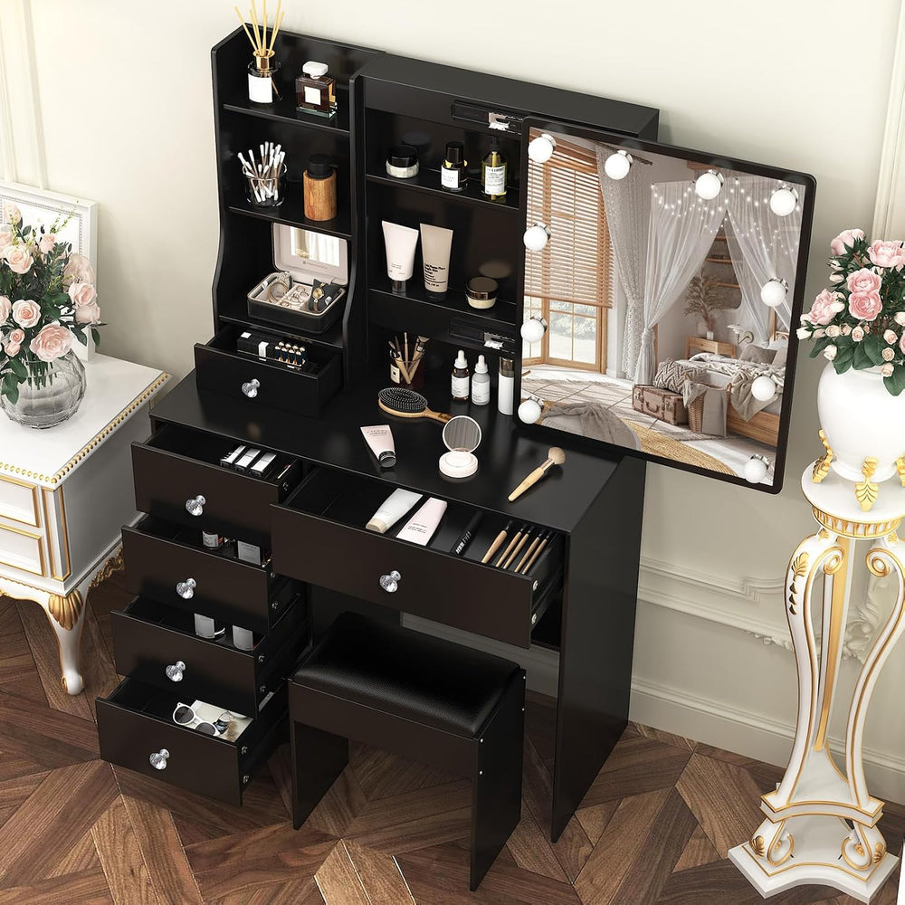 Umeiga Black Vanity Desk with Sliding Mirror and Lights, Small Makeup Vanity ...