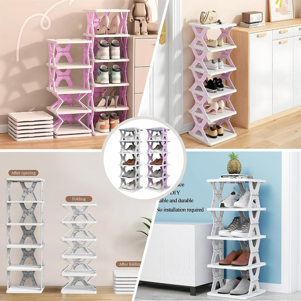 Shoe Rack, Collapsible Kids Shoe Rack, 6-Tier Small Foldable Shoe Organizer for Entryway, Dorm, Bedroom (Pink-x)