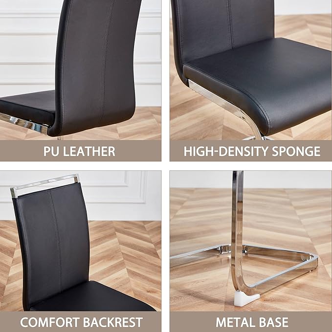 AZmac Modern Leather Dining Chairs Set of 8,Armless Kitchen Chairs,Dining Room Chairs with Upholstered Padded Seat and Sturdy Chrome Legs for Dining Room,Kitchen (Set of 8, Black+PU Leather)