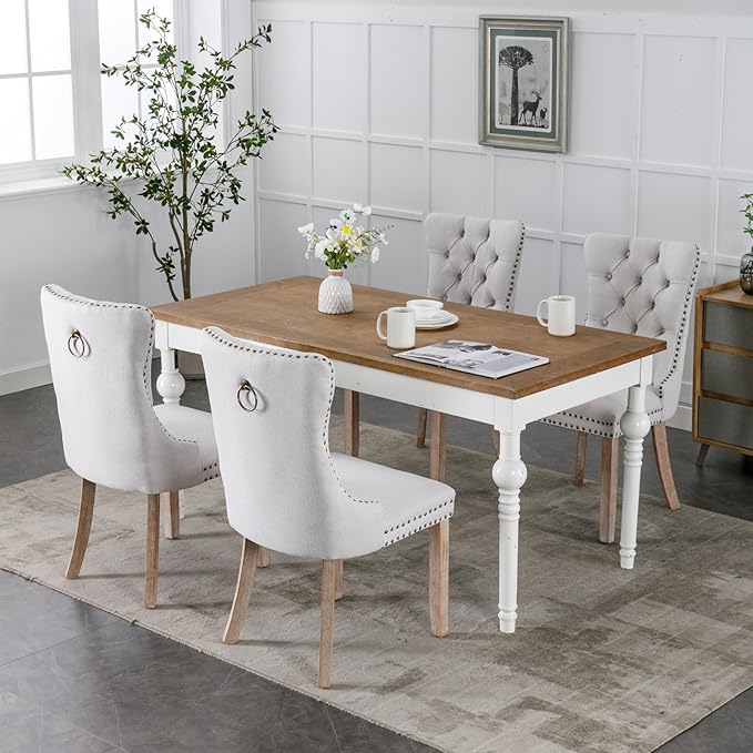 Dining Chairs Set of 6, Upholstered Tufted Linen Fabric Dining Room Chairs with High Back, Nailhead Trim and Solid Wood Legs, Modern Dining Chair for Dining Room, Kitchen(Beige)