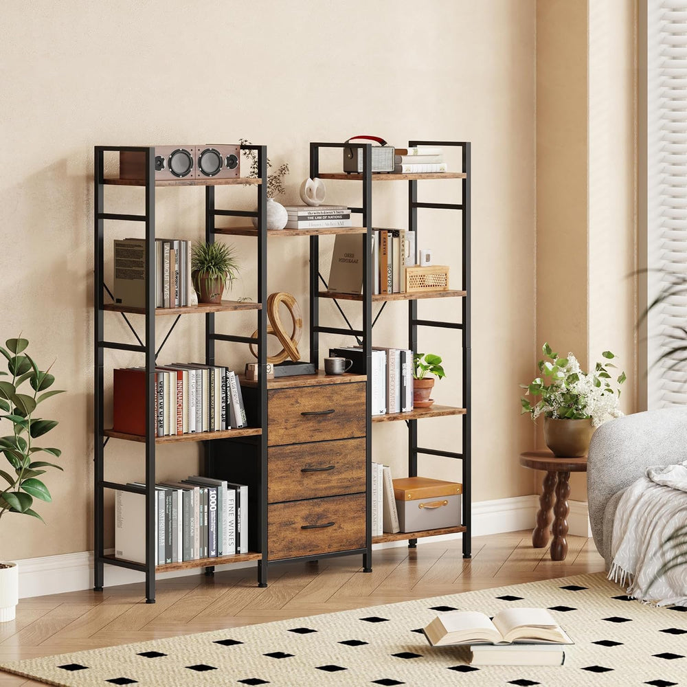 AFLUI Triple Bookshelf with 3 Fabric Drawers, 4-Tier Book Shelf and 10 Displa...