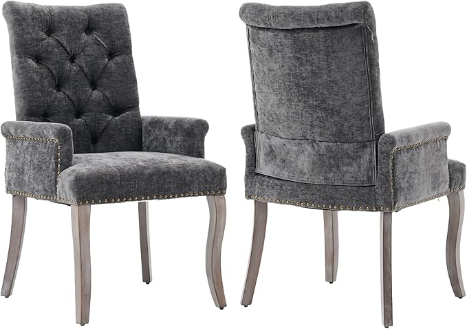 Upholstered Tufted Chenille Dining Chairs with Arms & Nailhead Trim – Solid Wood Frame & Legs, Modern Farmhouse for Dining, Kitchen & Living Room (Set of 2, Gray)