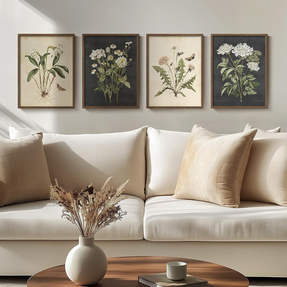 Framed Vintage Botanical Floral Wall Art for Living Room, 4 Piece 12x16 In