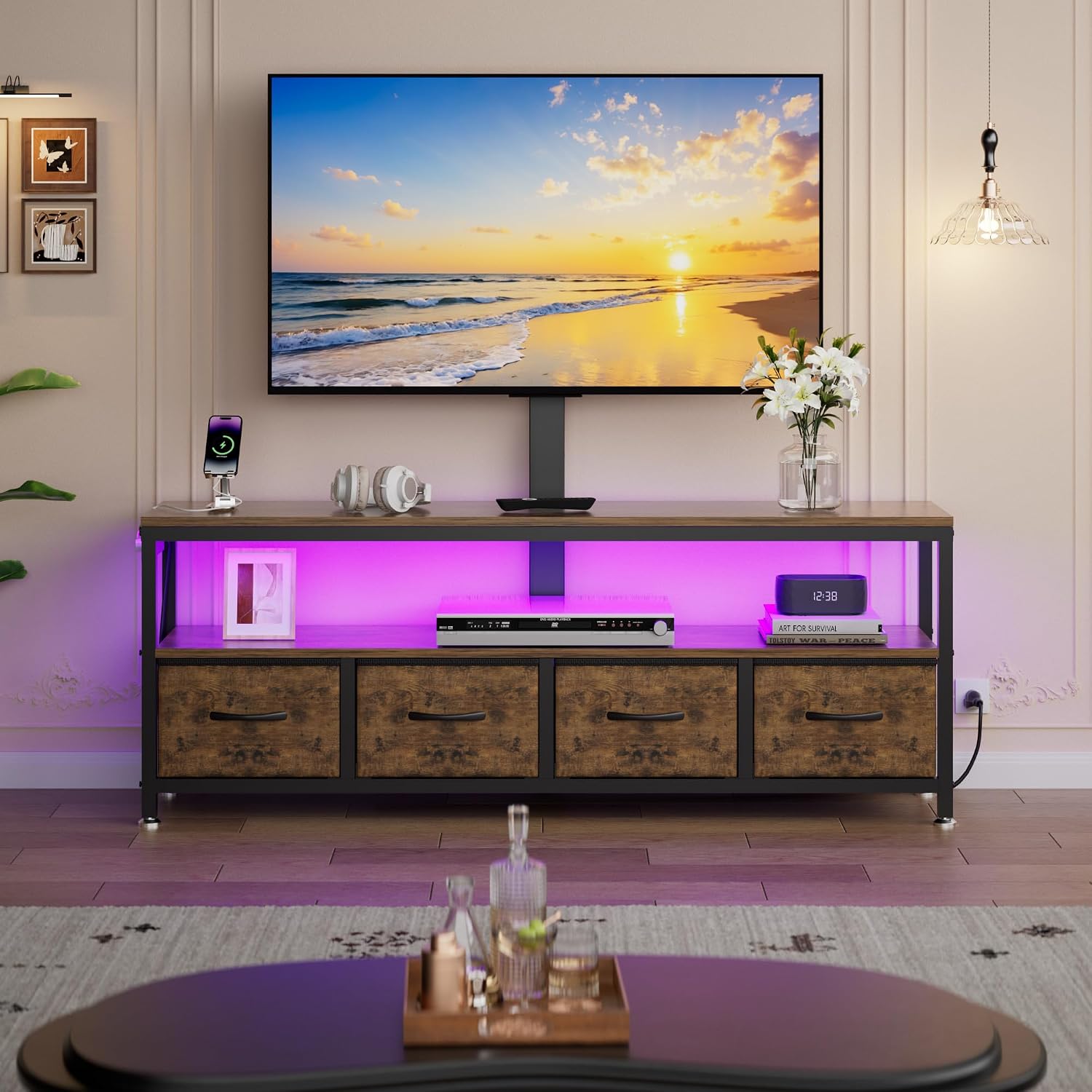 JUSTOGO TV Stand with Mount & Power Outlet for 32-70 Inch TVs, Rustic Brown | TV Console with Drawers & Led Lights, AC Outlets & USB Ports, For Living Room, Bedroom, Height Adjustable, Swivel TV Cabinet