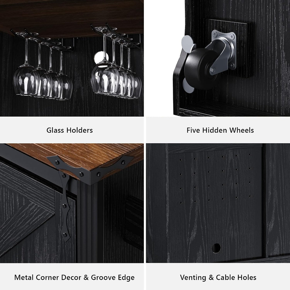 72" Farmhouse Kitchen Island with Sliding Barn Doors, Black | Fridge Spa...