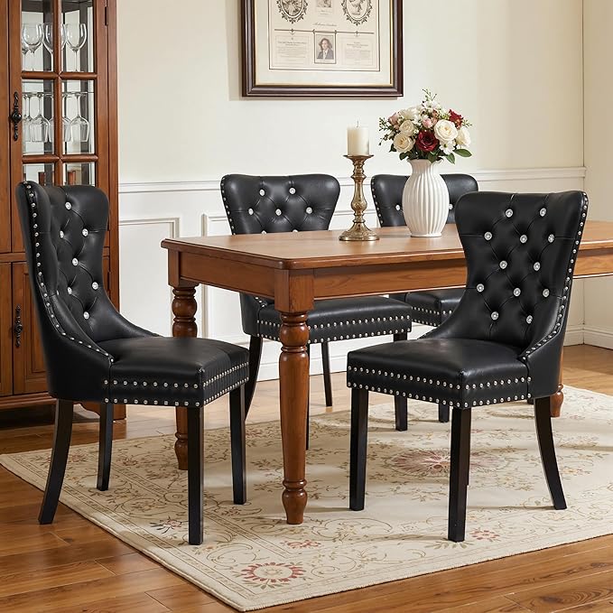 SyMax Dining Chairs Set of 6, Faux Leather Wingback Upholstered Dining Room Chairs with Diamond and Nailhead, Mid Century Modern Tufted Kitchen Chairs with Wood Legs, Black