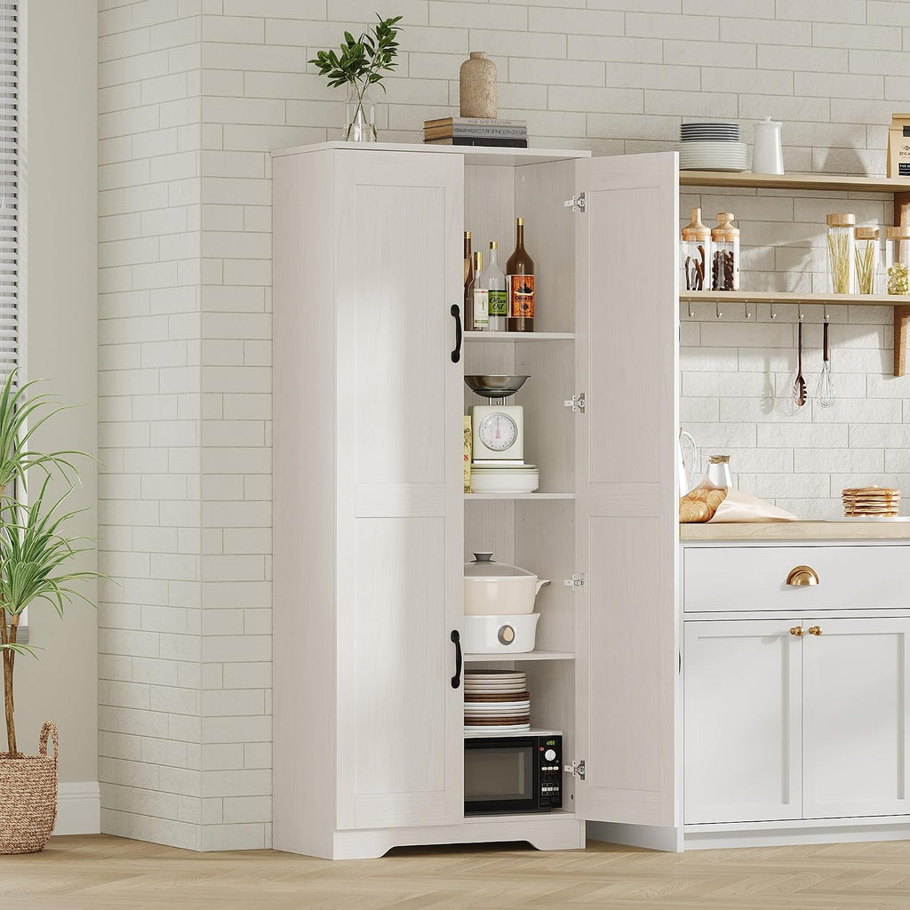 CABIHOME White Pantry Storage Cabinet 60" Tall, 2-Door Adjustable Shelf Cupboard for Kitchen, Bathroom, Living Room - Tall Storage Furniture
