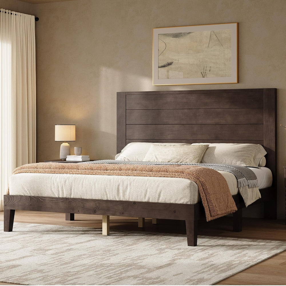 AMERLIFE Queen Size Solid Wood Bed Frame with 48" Headboard Design, Walnut