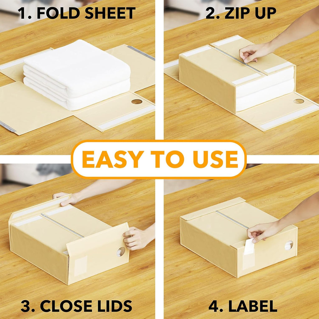 SpaceAid 4 Pack Bed Sheet Organizers and Storage, Foldable Sheet Organizer for Linen Closet, Sheets Set Folder Keeper with Window XL (Queen & King Size) Organizing Bedding Container, Beige