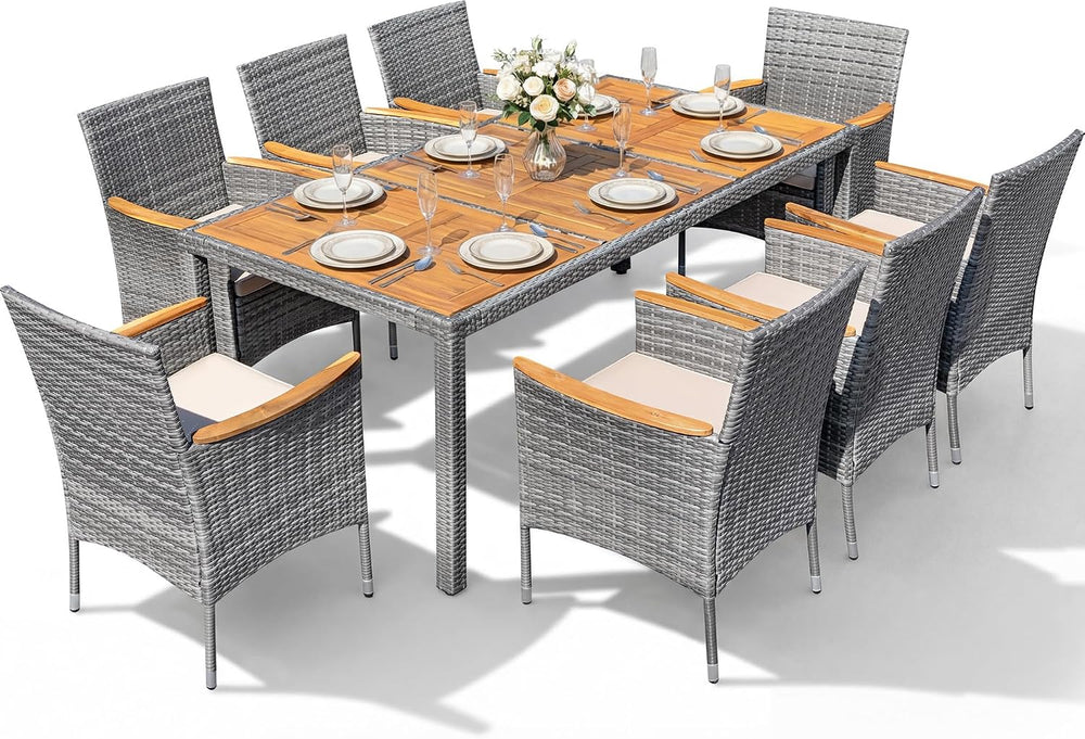 Devoko 9 PCS Acacia Wood Patio Dining Set, Gray Rattan