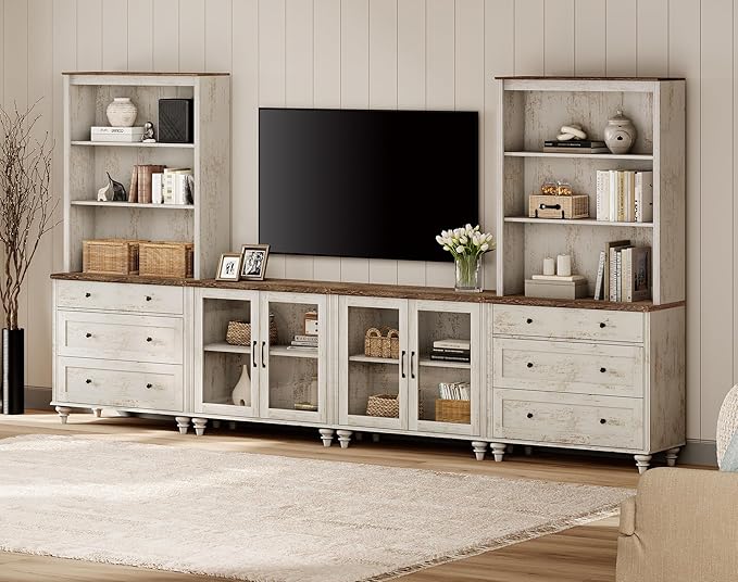 WAMPAT Entertainment Center with Bookshelves with Glass Doors & Drawer, Farmhouse Wall Unit TV Stand for TVs up to 75", Media Console Table for Living Room, Bedroom & Home Theater, Rustic White