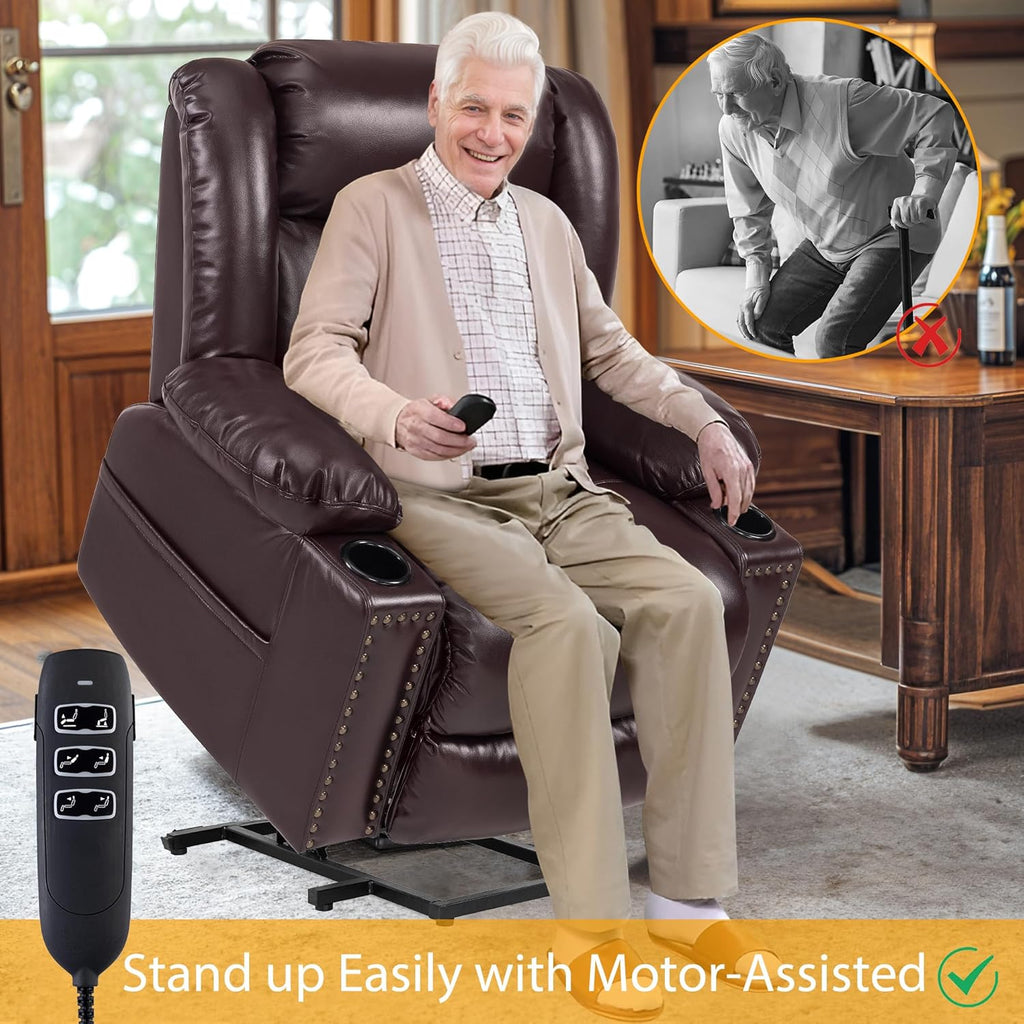Triple Motor Large Power Lift Recliner Chair for Elderly with Heat and Massage, Lay Flat Lift Chairs for Seniors Infinite Position, Extended Footrest, USB Ports (Dark Brown)