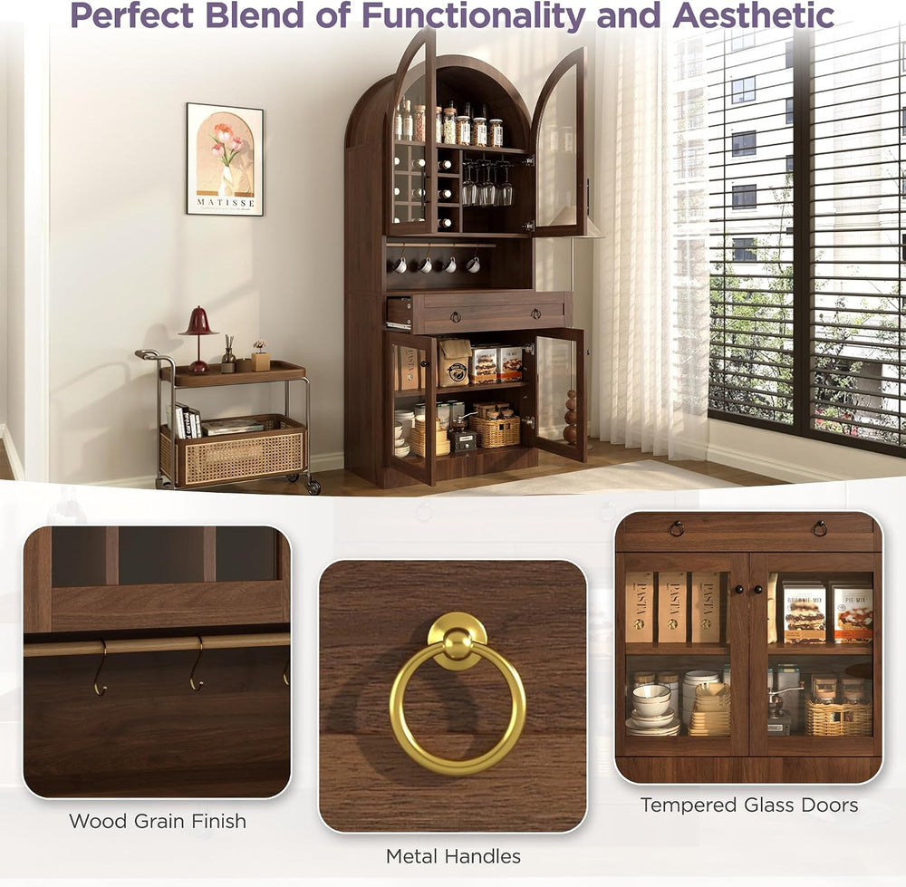Merax 70" Tall Arched Farmhouse Pantry Cabinet with Glass Doors, Walnut ...