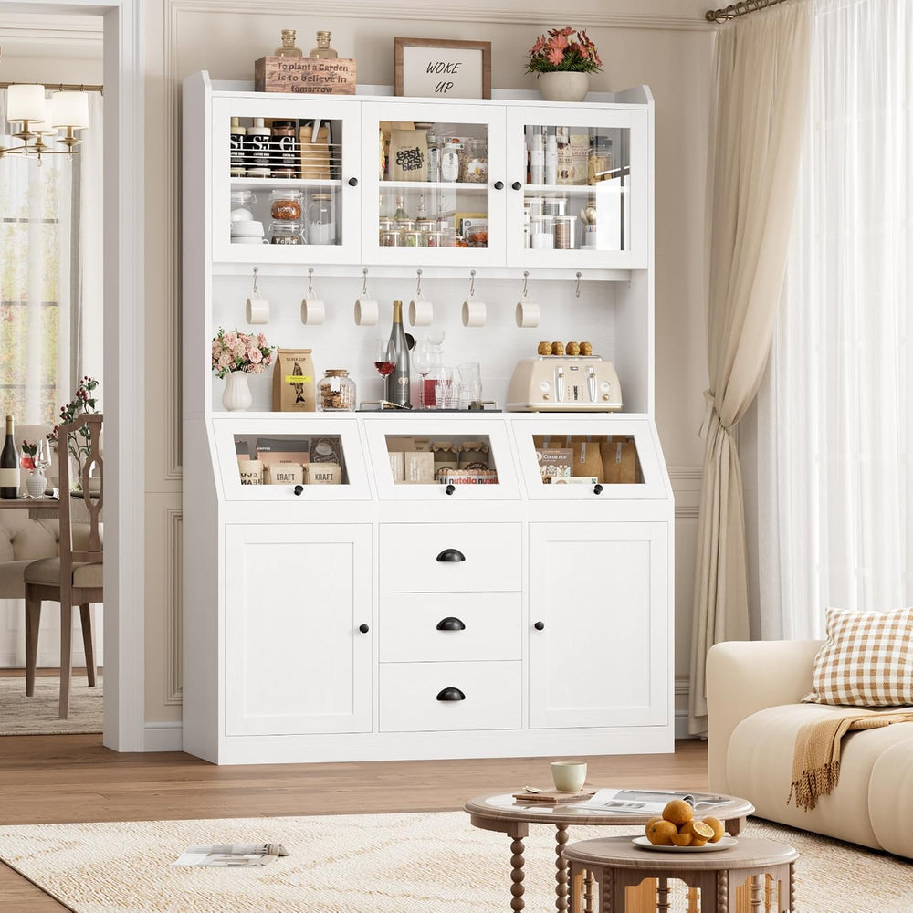 HIFIT 71.4” H Kitchen Hutch Pantry Cabinet with 3 Bread Boxes&7 Metal Hoo...