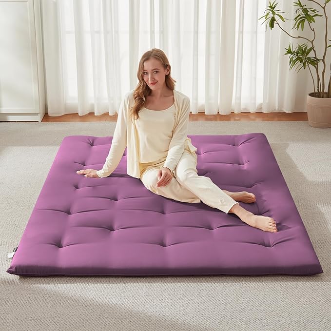 Japanese Floor Futon Mattress Queen Size 60"x 80", Foldable Floor Bed Mattress, Portable Tatami Mat Sleeping Pad, Folding Futon, Roll Up Floor Lounger for Guest Room Dormitory (Purple)