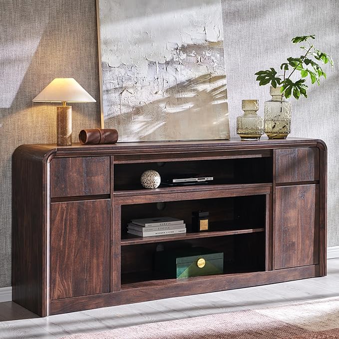 Modern TV Stand for 80 Inch TVs, 32"Tall Entertainment Center w/Storage Cabinet& drawers, Media Console Cabinet w/Soundbar & Adjustable Shelves for Living Room, Curved Profile Design, 70 inch (Brown)
