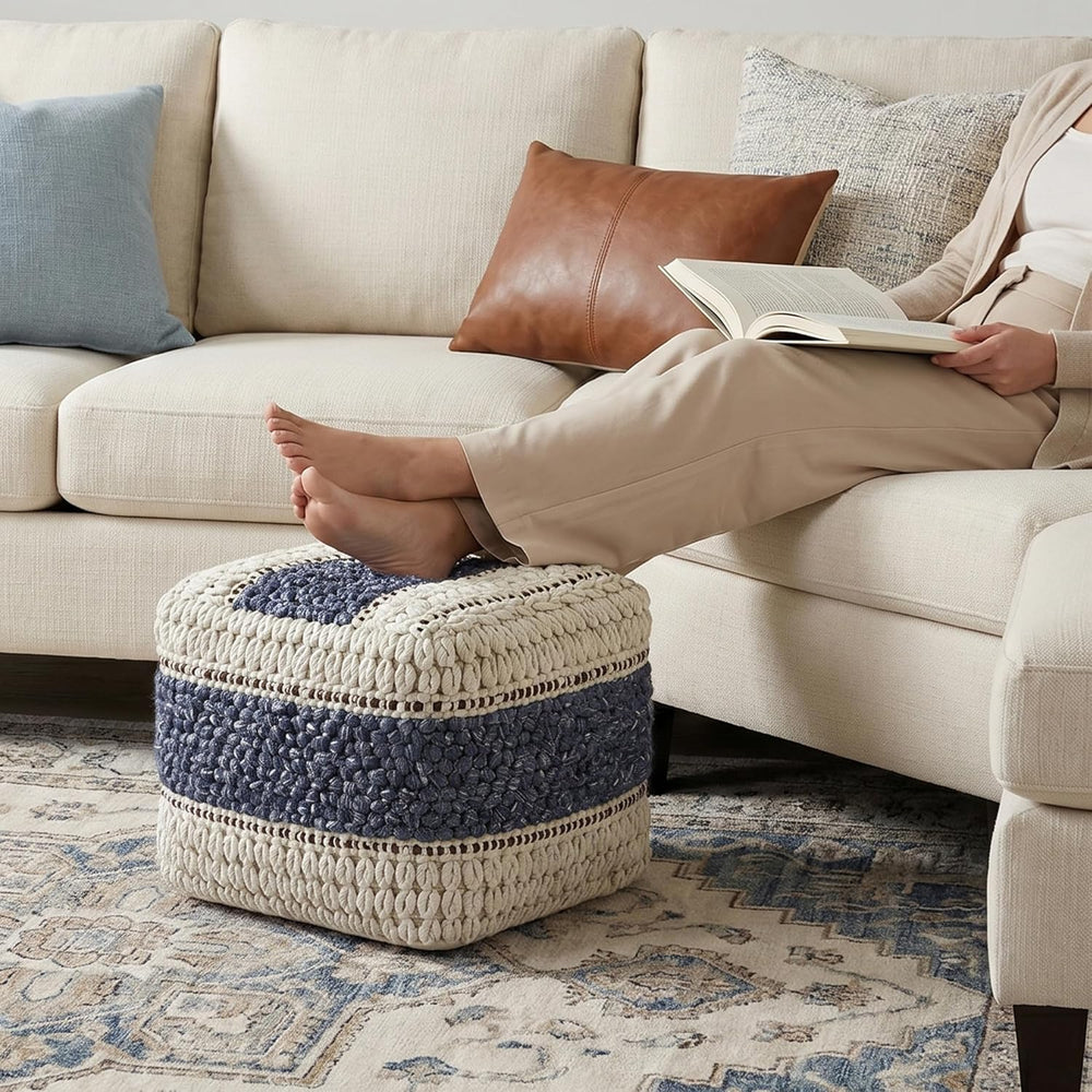 SIMPLIHOME Grady 18" Wide Square Pouf in Blue/Natural Wool and Cotton | ...