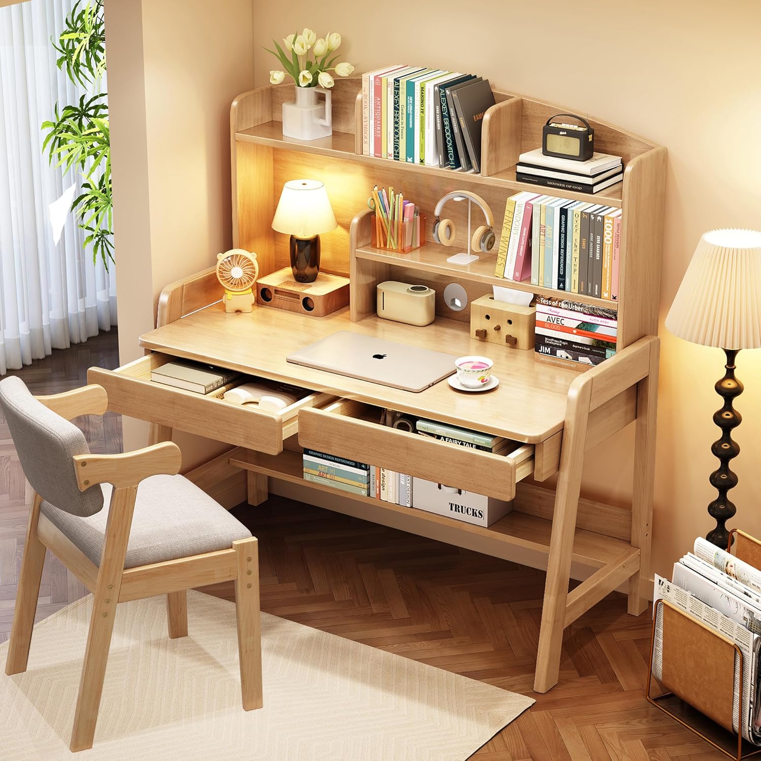 Kids Desk and Chair Set Wooden Children's Learning Table and Chair with Hutch and Two Drawers Children Study,Writing,Computer,Workstation Desk for 3 and Above(Nature