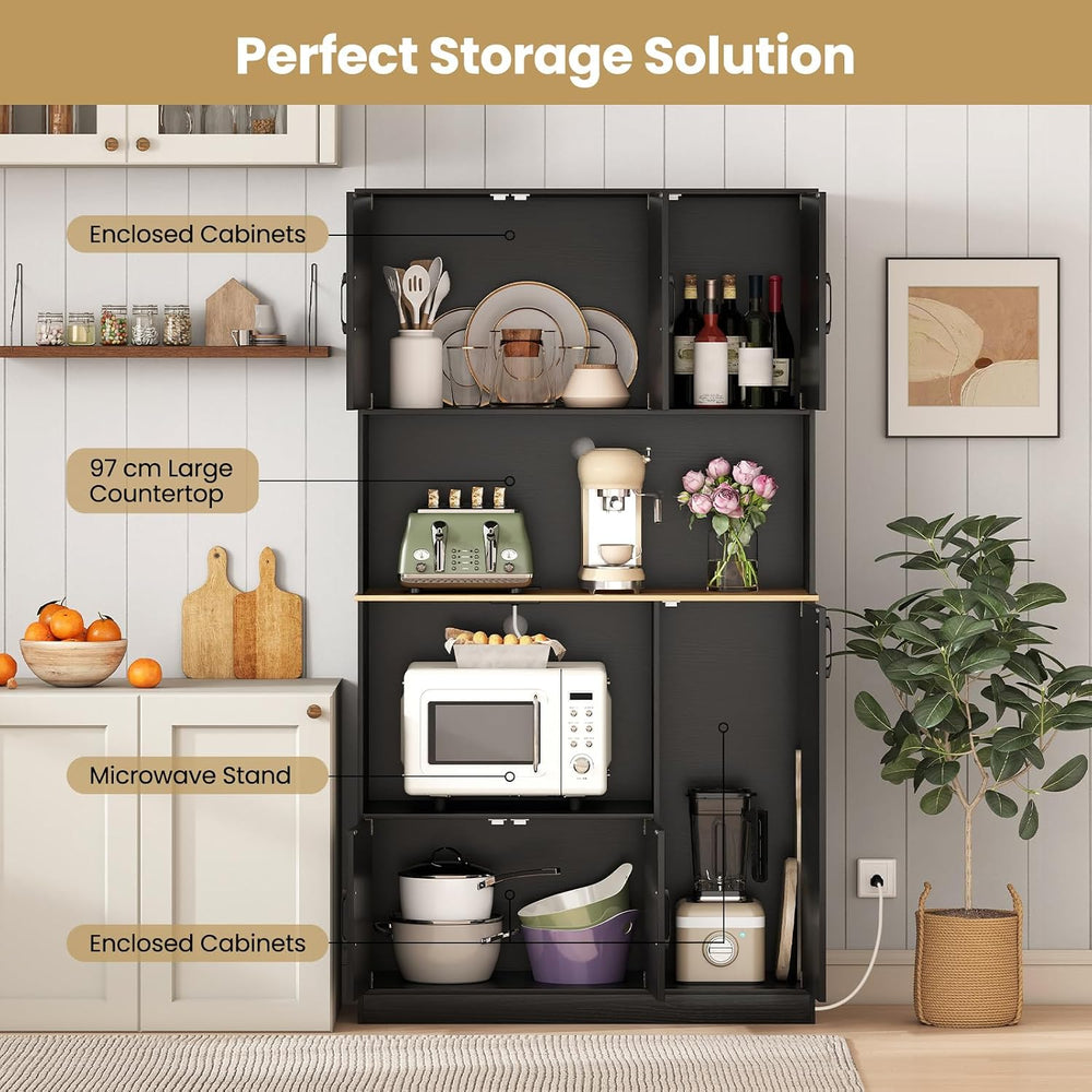 71" Large Kitchen Hutch with Power Outlet, Freestanding Pantry Cabinet w...