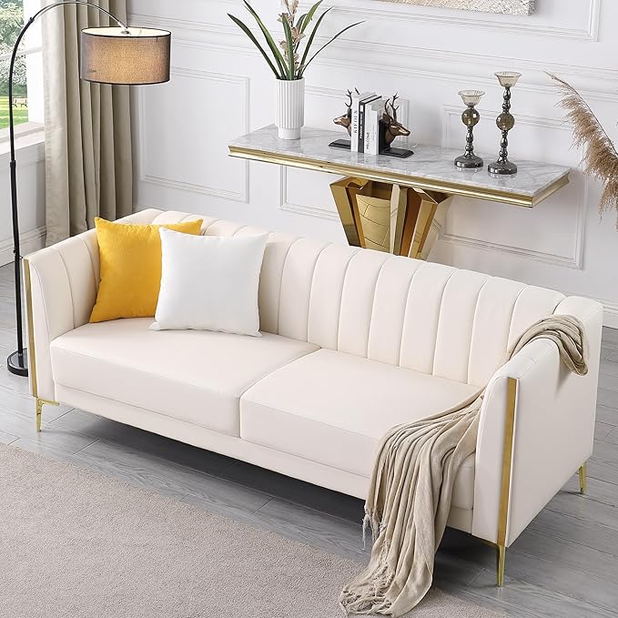 FOTOSOK White Leather Couch Sofa, Office Couches 78'' Apartment Faux Leather Sofa with 2 Throw Pillows & Gold Metal Legs, Waterproof 3 Seater Couches for Small Living Room, Luxury Cloud Sofa