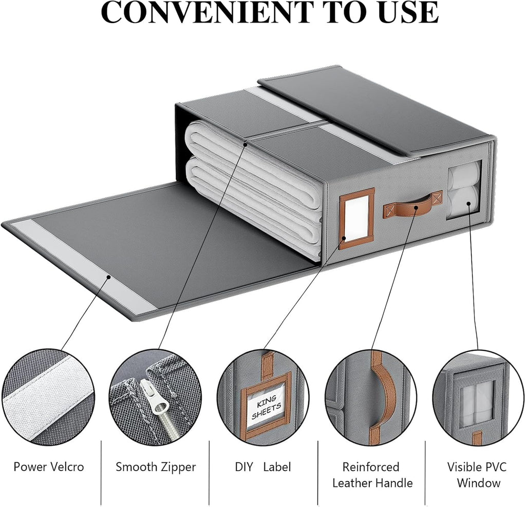 4 Pack Foldable Bed Sheets Set Organizers and Storage(King & Queen Size),Linen Fabric Closet Organizers with Window,Folding Bedding Storage Box for Bedsheets and Pillow Cube Organizer-Gray