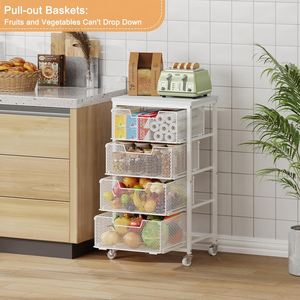 4-Tier Kitchen Storage Cart - Fruit Vegetable Storage Cart with Drawers, Wood...