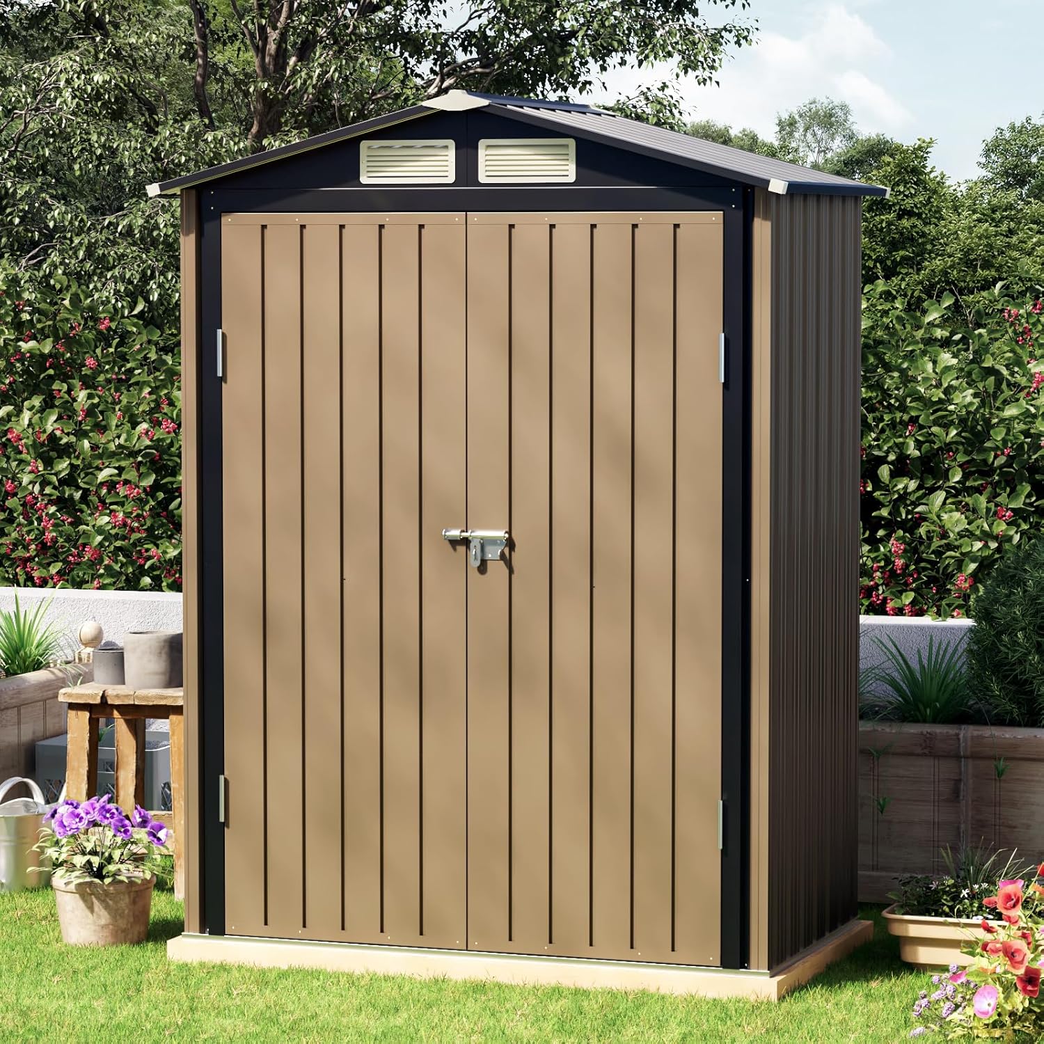5x3 FT Outdoor Metal Storage Shed with Floor Frame, Double Door, 1 Clear Window, Tool Shed for Garden, Patio, Backyard Brown