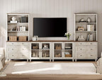 WAMPAT Entertainment Center with Bookshelves with Glass Doors & Drawer, Farmhouse Wall Unit TV Stand for TVs up to 75", Media Console Table for Living Room, Bedroom & Home Theater, Rustic White