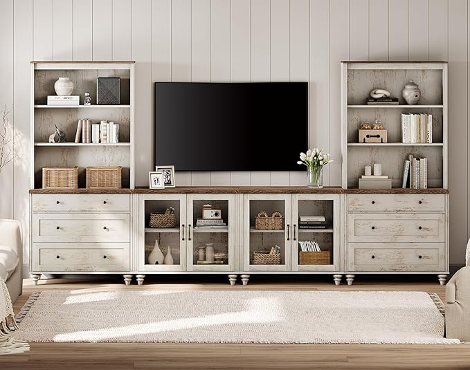 WAMPAT Entertainment Center with Bookshelves with Glass Doors & Drawer, Farmhouse Wall Unit TV Stand for TVs up to 75", Media Console Table for Living Room, Bedroom & Home Theater, Rustic White