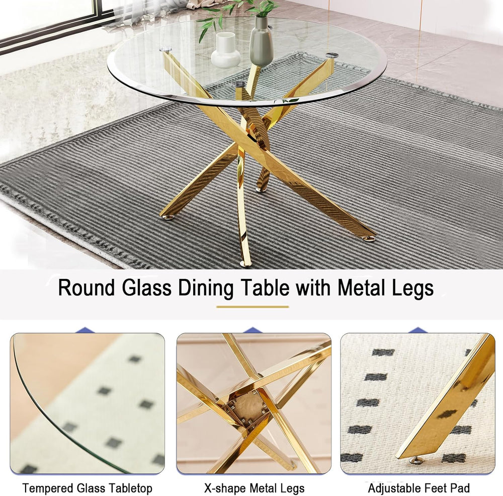 Henf 3 Piece Dining Table Set for 2, Glass Round Dining Table and 2 Upholster...