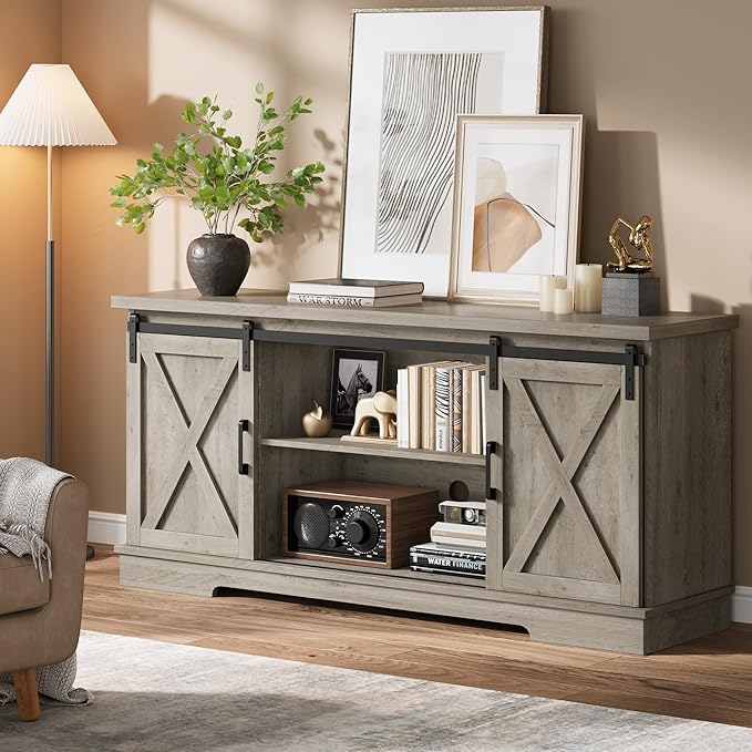 IDEALHOUSE Farmhouse Tv Stand for 65 inch TVs, Entertainment Center with Sliding Barn Doors and Adjustable Shelf, Modern Storage Media TV Console TV Stand Table for Living Room, Bedroom, Grey